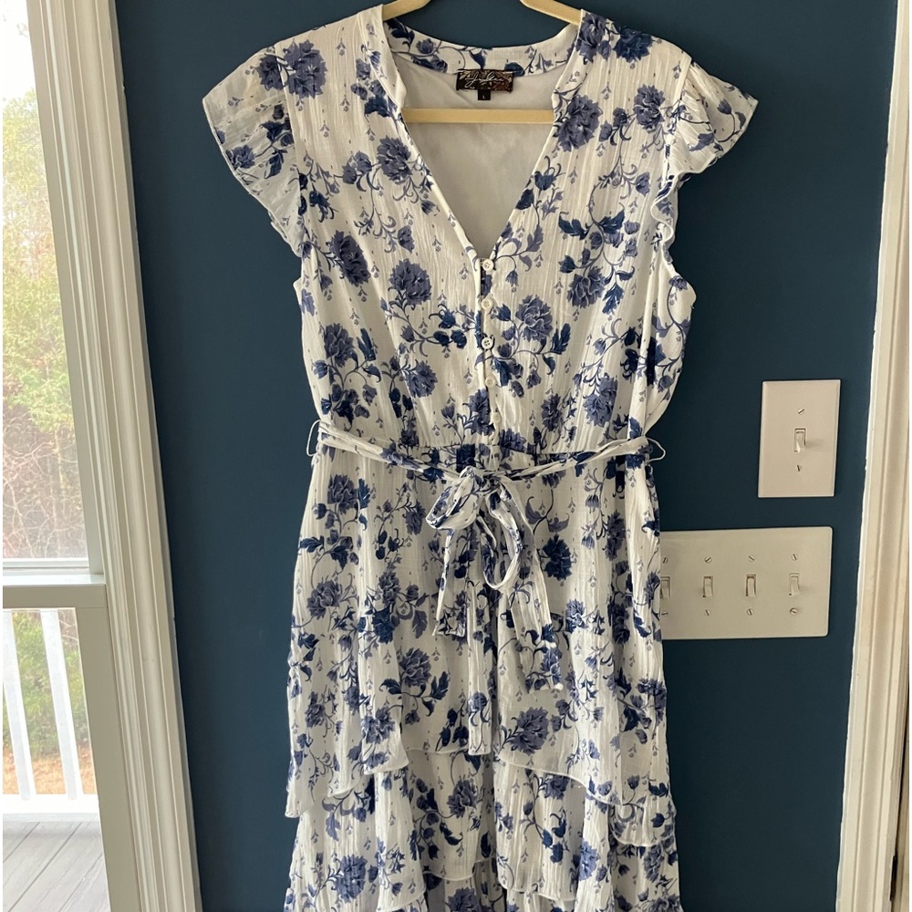 J Gee blue long layered floral dress size large
